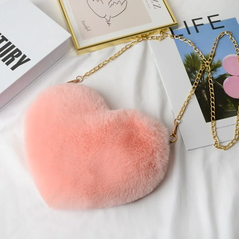 Crossbody Bags for Women Rex Rabbit Fur Love Bag Peach Heart Bag Chain Bag Fashion Shoulder Cross-chain Female Bag