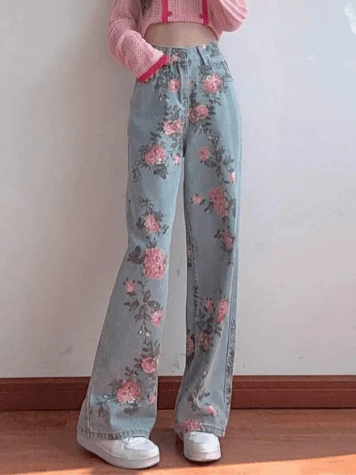 Brownm High Waisted Floral Boyfriend Jeans