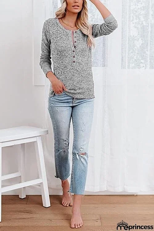 Button O Neck Knit Long Sleeve Top