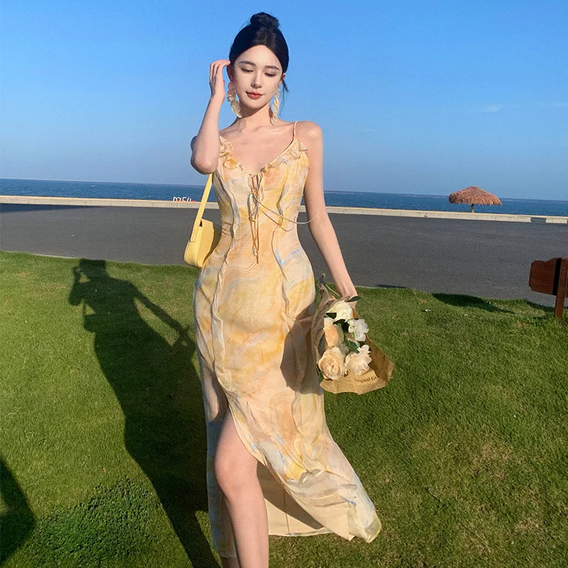 Zingj Zingj V-Neck Sling Floral Dress Summer French Seaside Vacation Long Dress