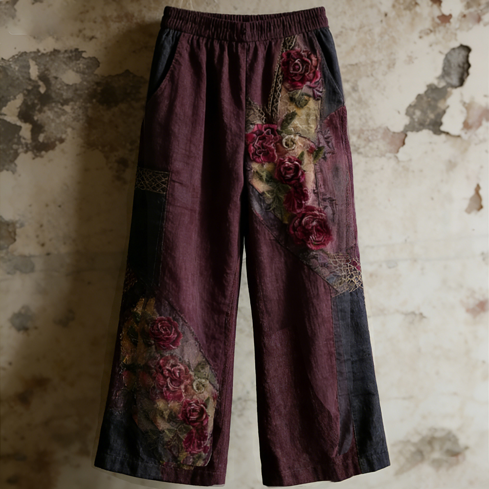 Women's Faded Rose Woven Embroidery Purple Patchwork Cotton Linen Casual Pants elevenforest