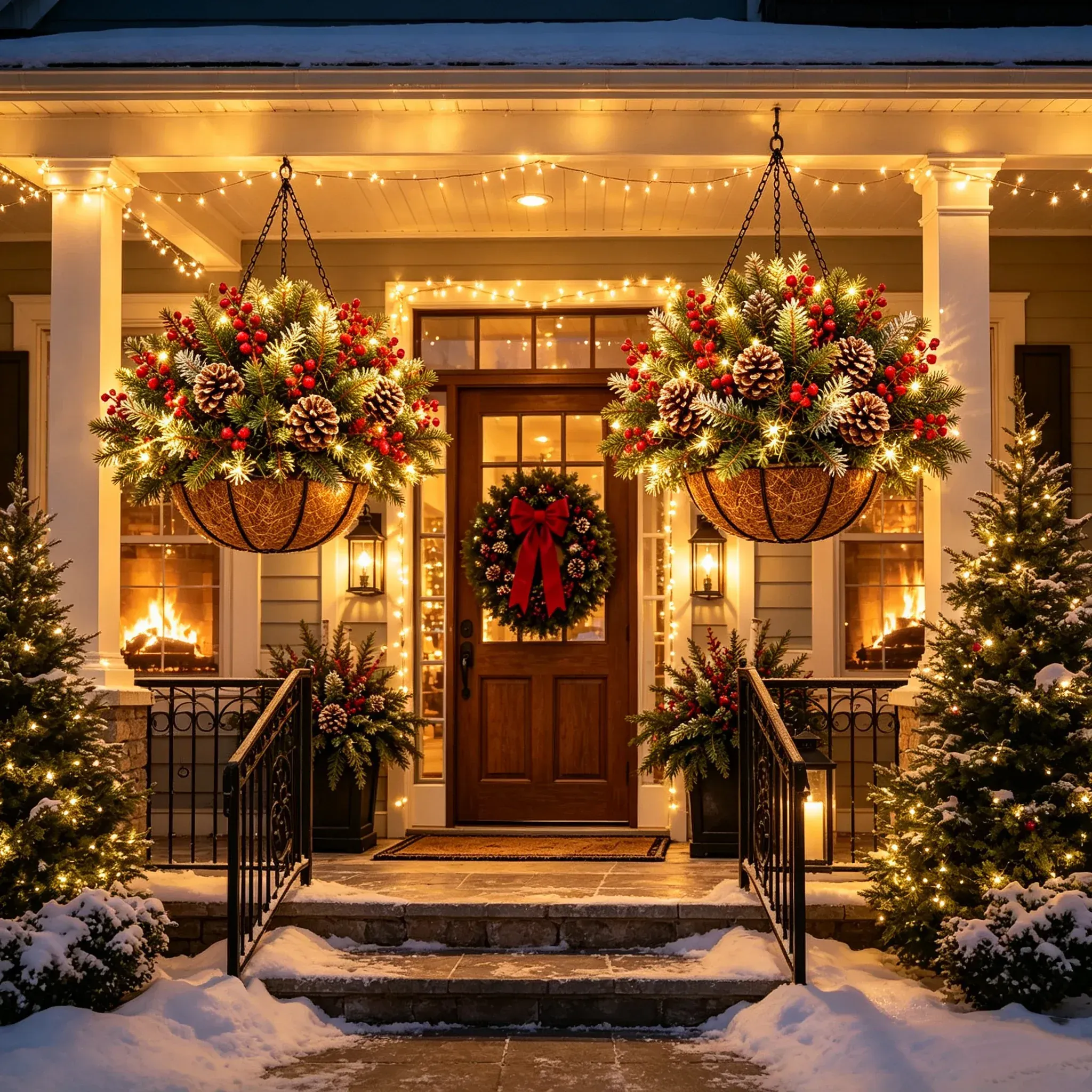 Christmas hanging baskets glowing on snowy front porch