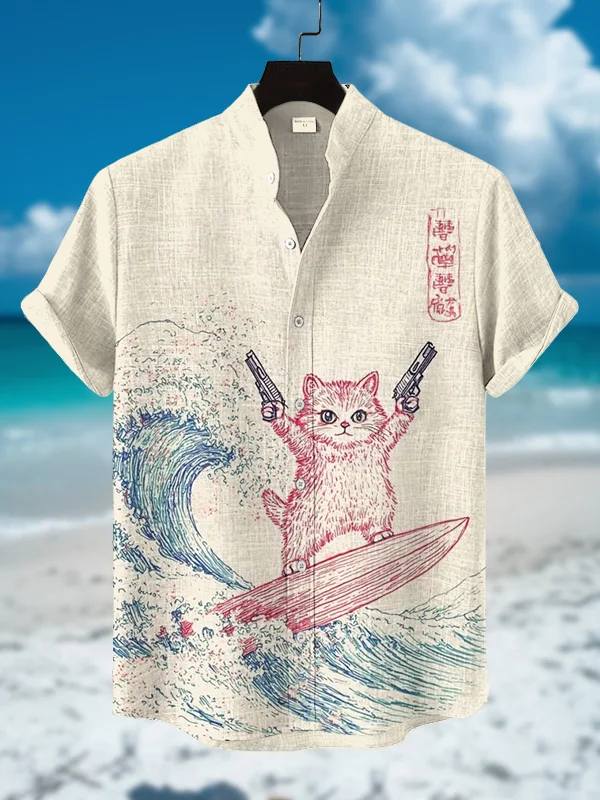 Men's Interesting Cat Surfing Japanese Art Print Short Sleeve Shirt