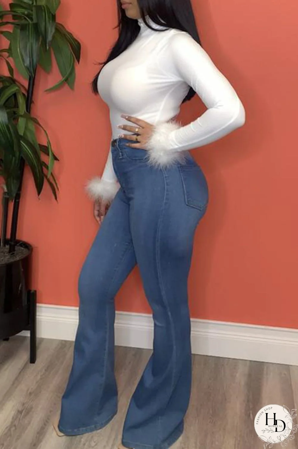 White Fashion Casual Solid Split Joint Turtleneck Tops