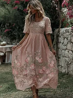 Women's Floral Art Flowy Linen Blend Casual Short Sleeve Maxi Dress