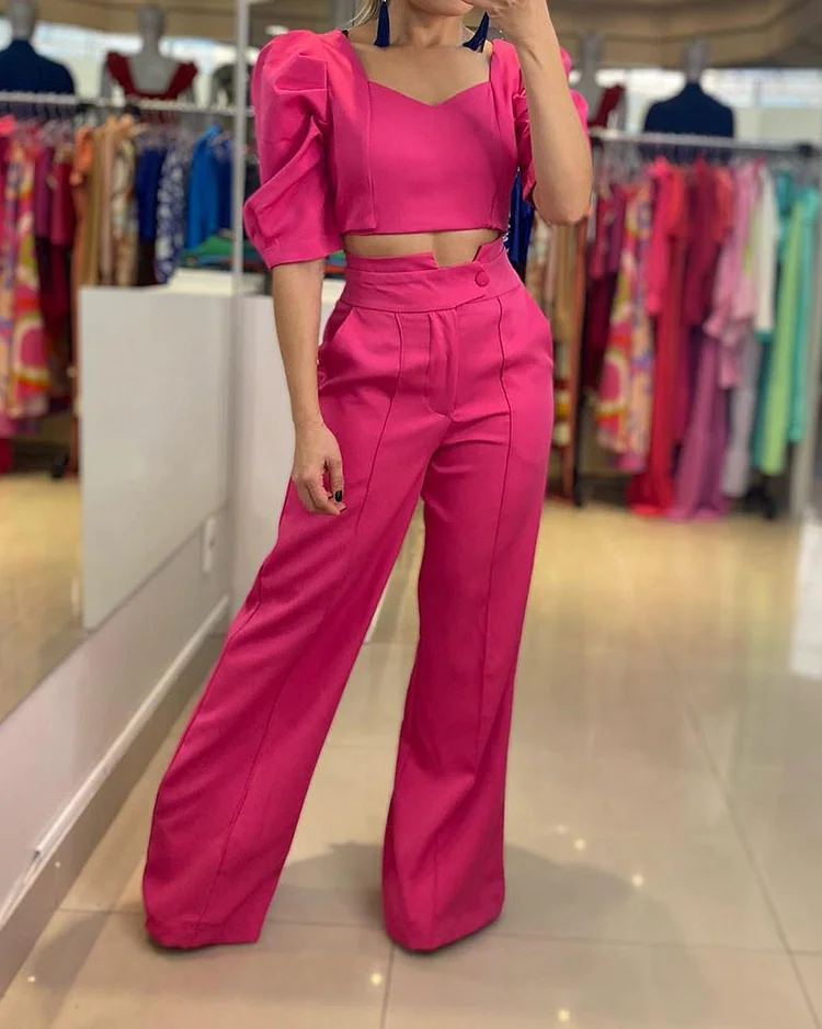 Puff Sleeve Top Trousers Solid Color Two Piece Set