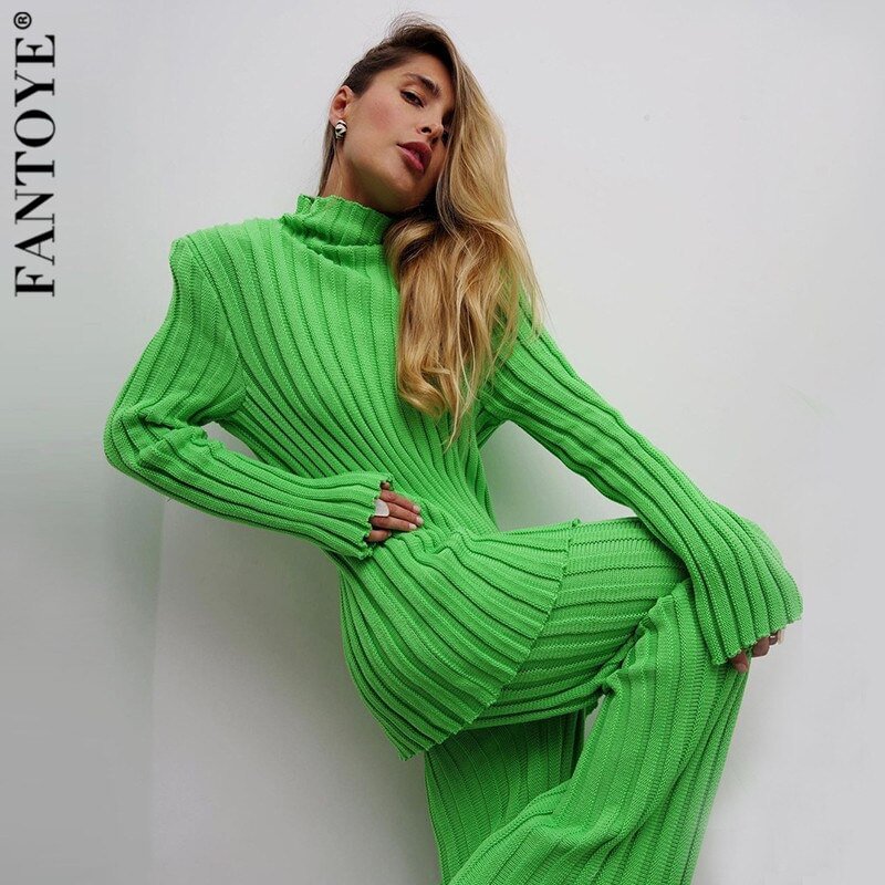 Fantoye Knitted Turtleneck Striped Women Sweater Two Piece Set Green Long Sleeve Casual Set Women Autumn Warm Slim Partywear Set