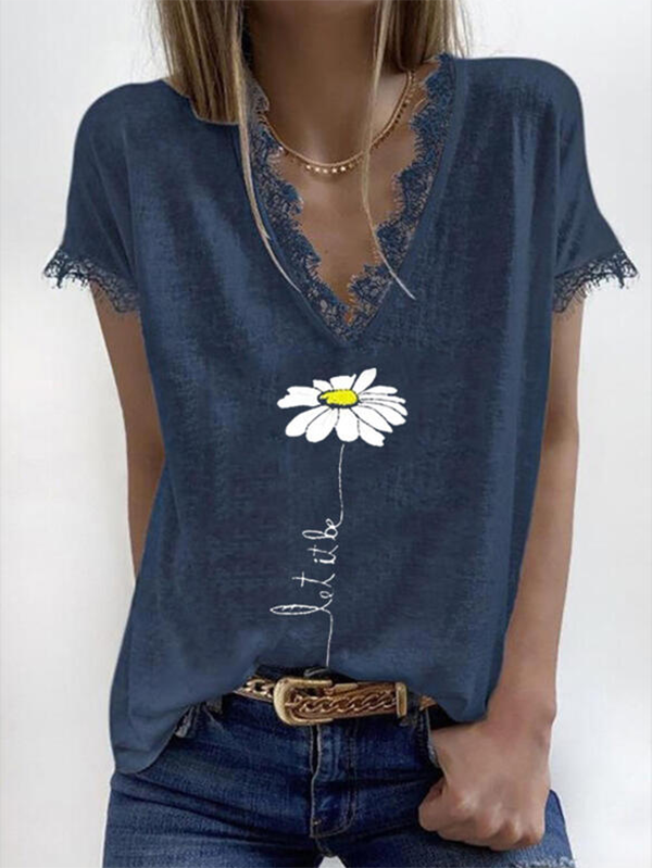 V neck Short Sleeve Floral-Print Casual Shirts & Tops