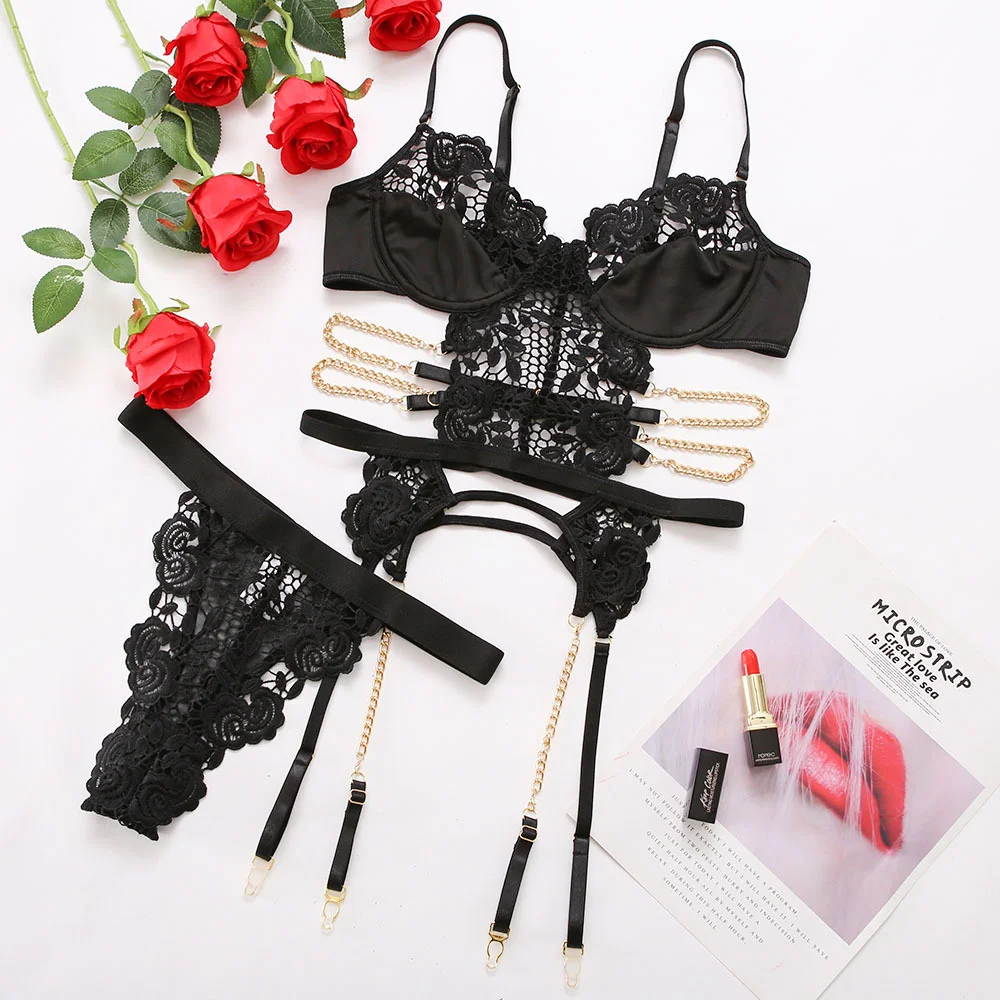 Billionm Lingerie Set Black Embroidery Floral Underwear Women See Through Lace Nightwear Erotic Clothing for Sex Porno Costume Hollow Out