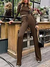 Fashion Solid Color Round-Neck Long Sleeves Shirts+ Wide Leg Elastics Drawstring Pants Two Pieces Set