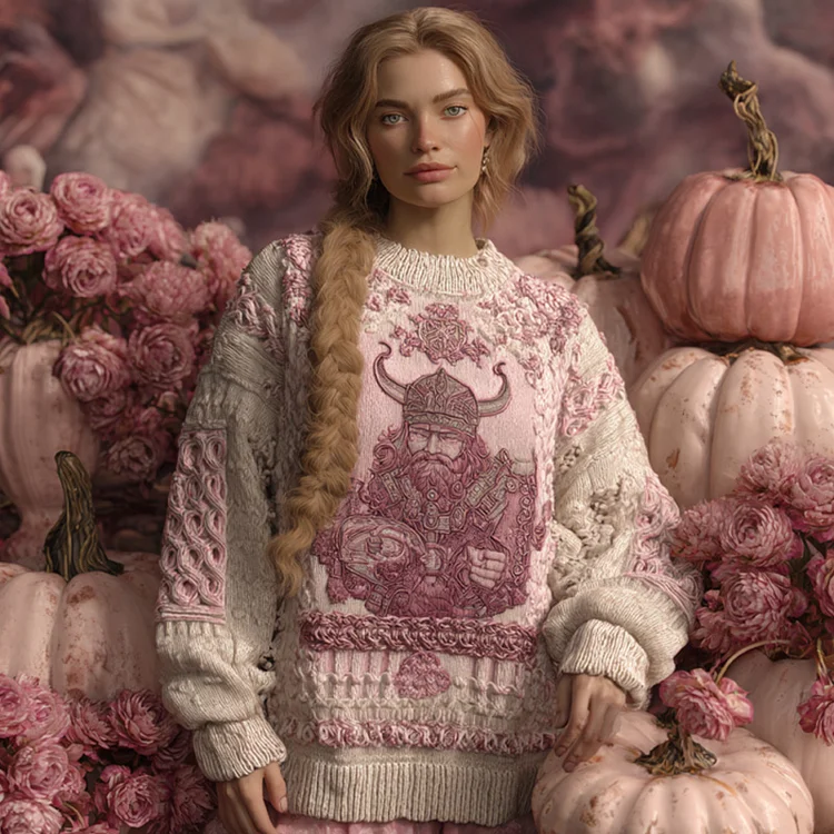 Women's Vintage Halloween Pink Viking Art Knit Sweater