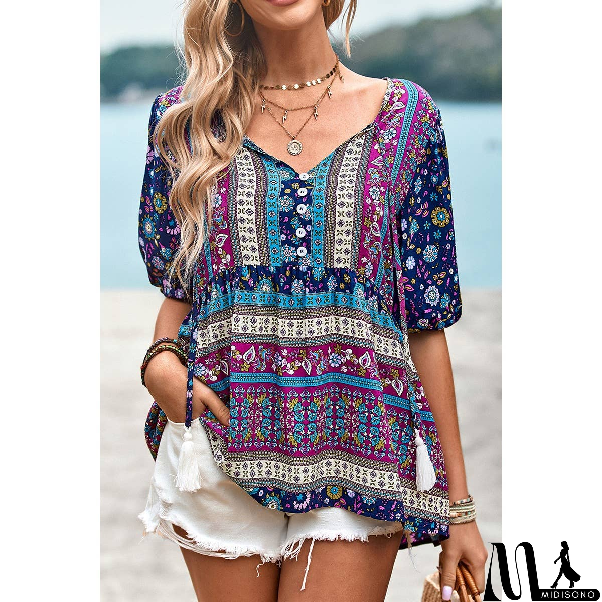 MidiSono - Floral Print Button Deep V Color Block Loose Fit Top