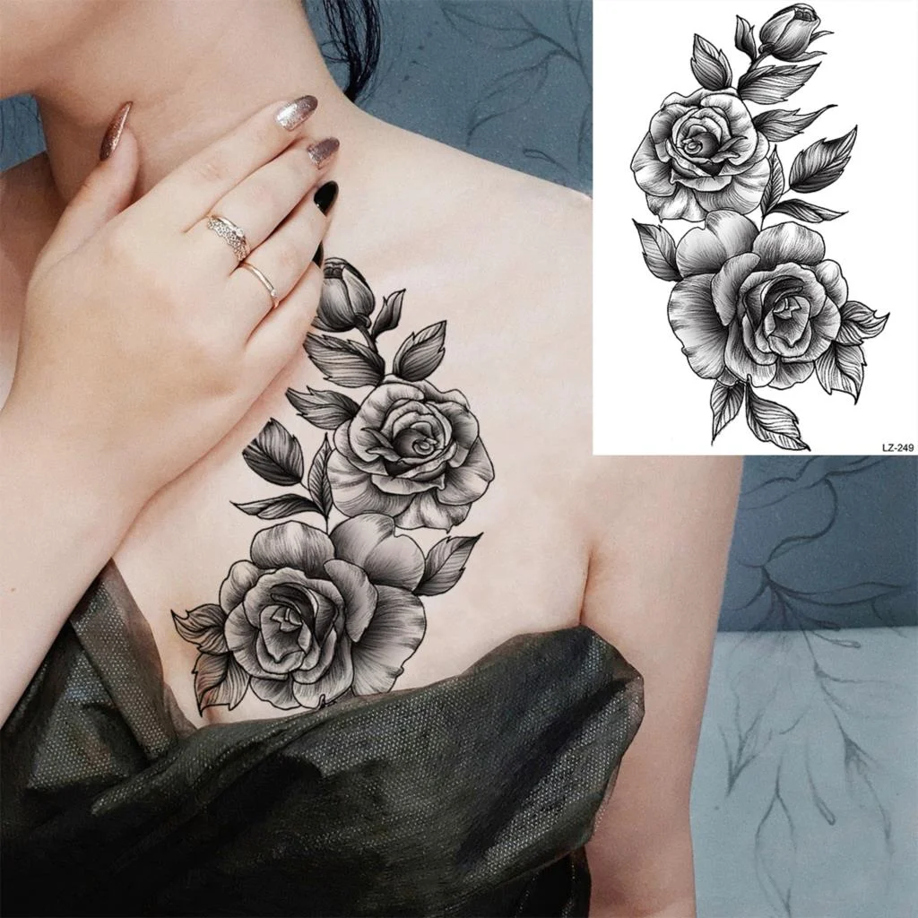 Black Rose Flower Sexy Temporary Tattoos For Women Adult Thigh Peony Skull Realistic Fake Tattoo Sexy Washable Tatoos Sticker