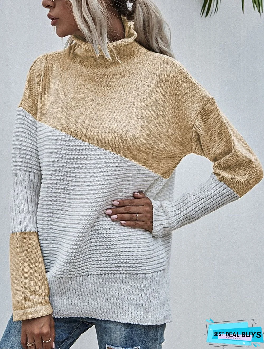 Color-Blocking Sweater Women's Autumn and Winter New Contrast Color Pullover Sweater