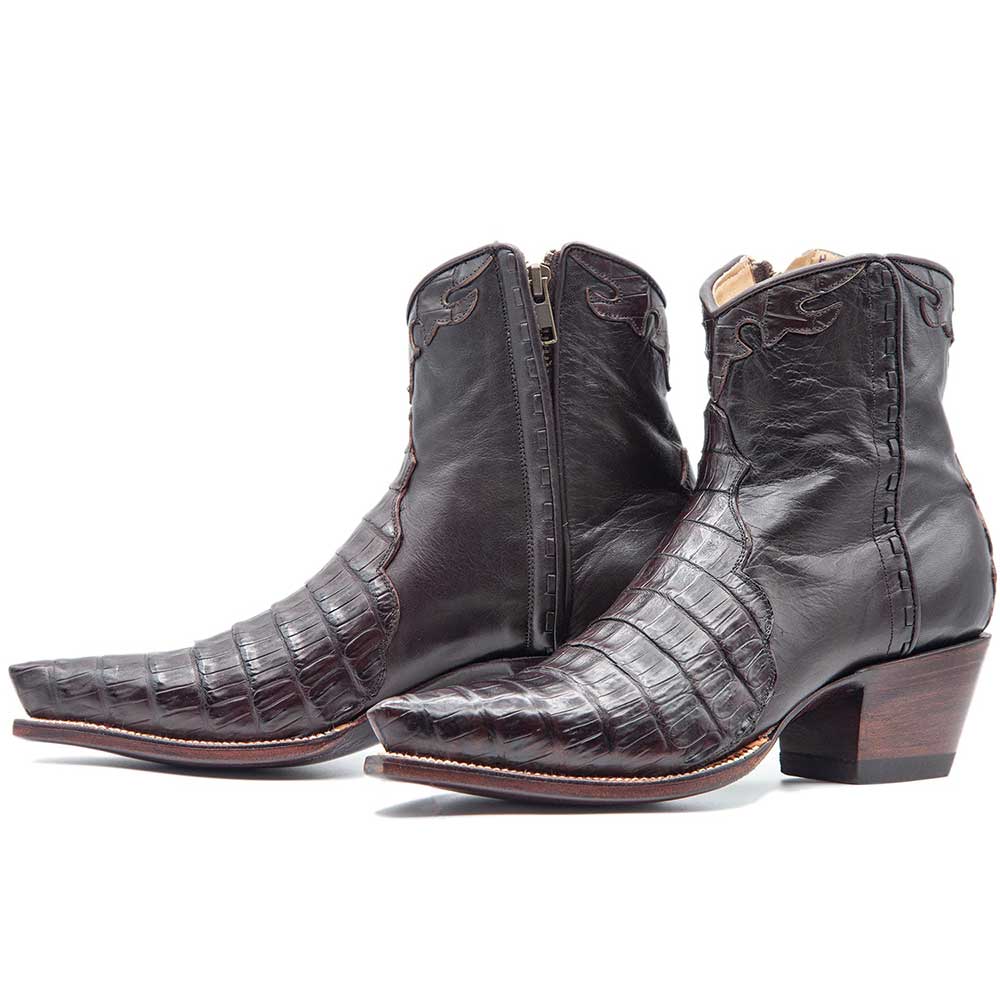 Dark Brown Croco Embossed Pointed Toe Cowgirl Boots with Chunky Heel Nicepairs