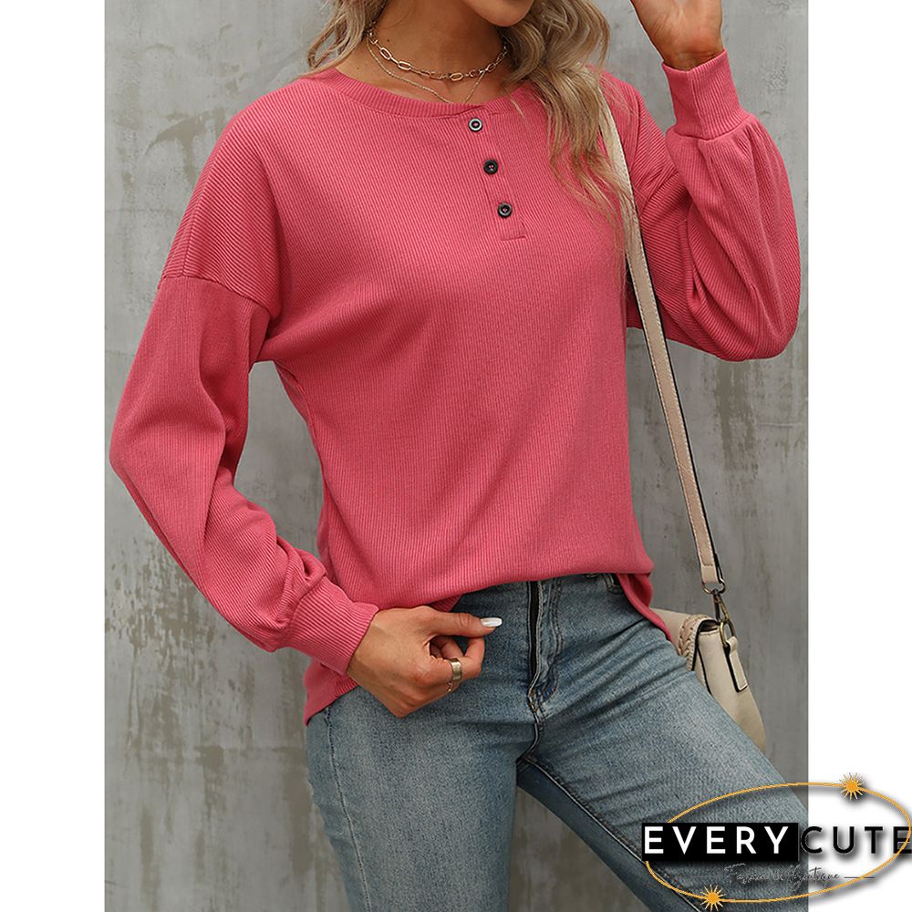 Pink Button-up Drop Shoulder Puff Sleeve Tops