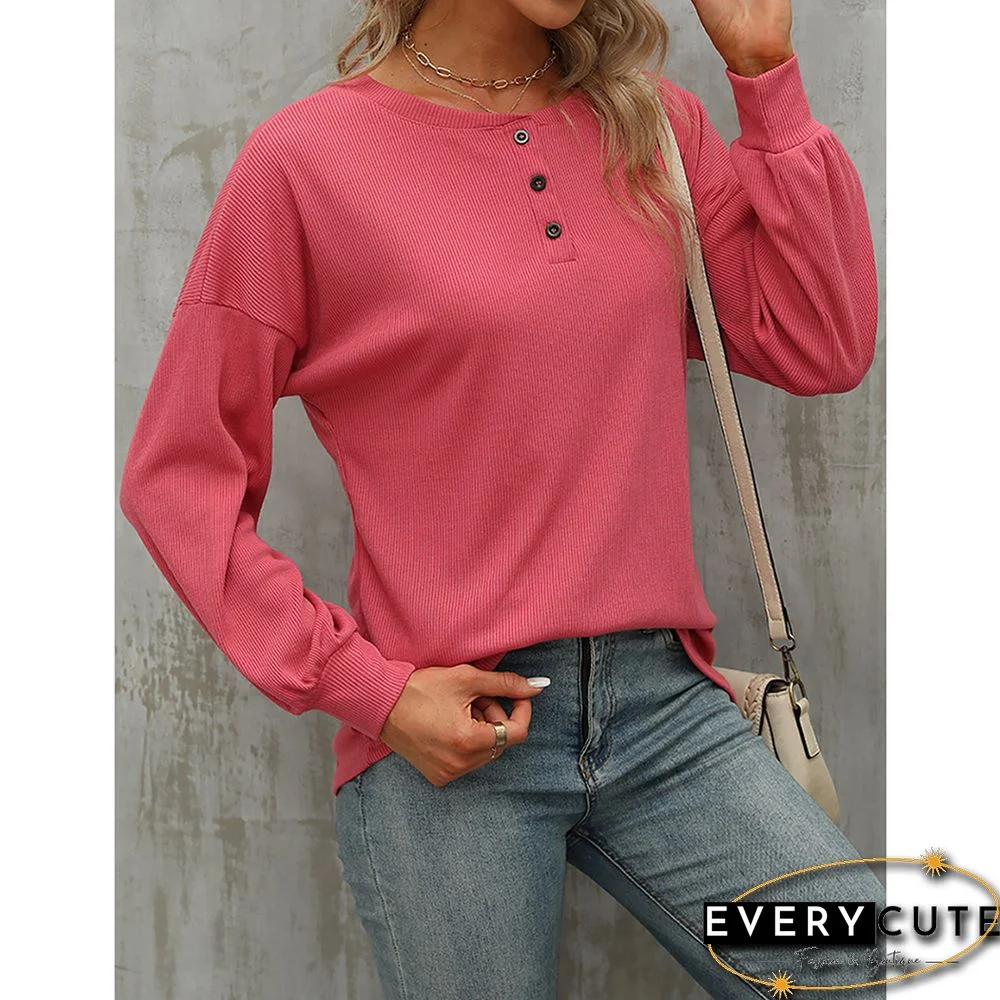 Pink Button-up Drop Shoulder Puff Sleeve Tops
