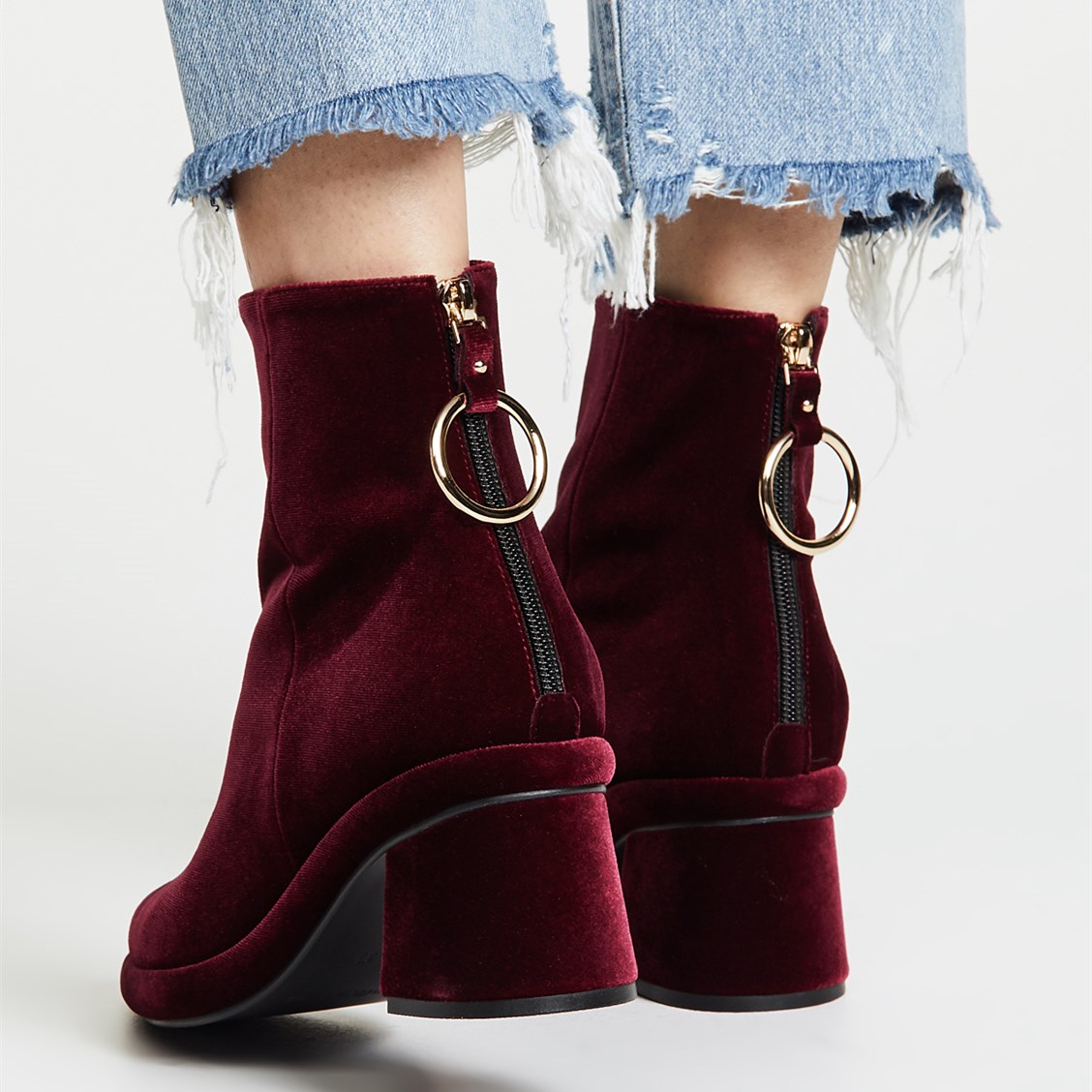 Do housework stitch seed Burgundy Velvet Boots Pointy Toe Back Zipper Block Heel Ankle Boots|FSJshoes