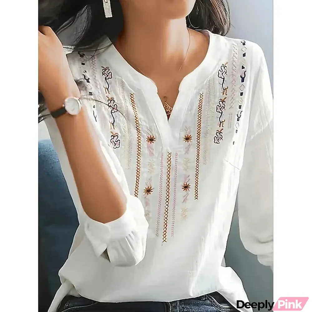 Women's Shirt Blouse Ethnic White Embroidery Elegant Fashion V Neck Summer Spring Fall
