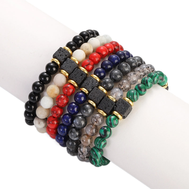 New Lava Cube Volcanic Stone Bracelet Men’s Colorful Marble Glass Beads Retro Bracelet