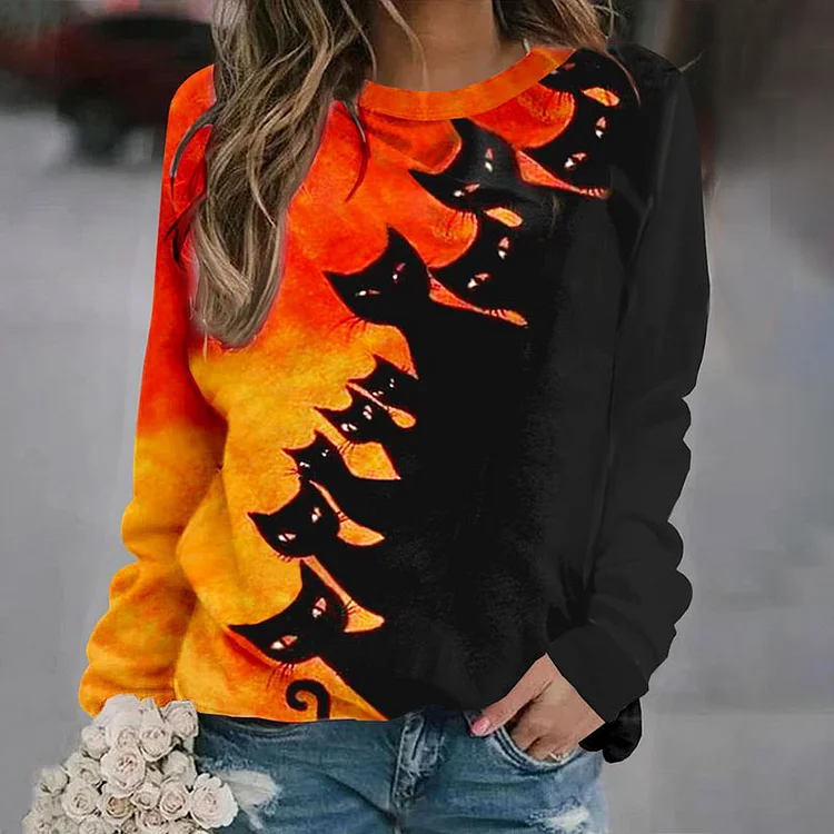 Wearshes Halloween Contrast Cat Print Crew Neck Sweatshirt