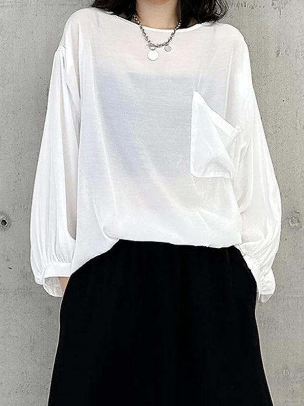 High-Low  Sleeves  See-Through Solid Color Round-Neck T-Shirts Tops