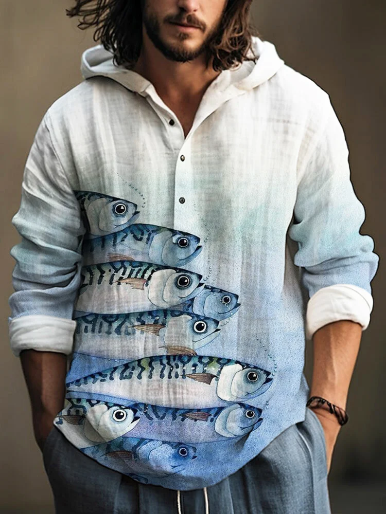 Vintage Japanese Fish Pattern Linen Hooded Long Sleeve Shirt