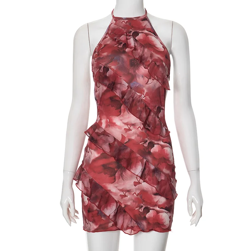 Women Sexy Halter Backless Body-Shaping Vacation Floral Printing Ruffles Mini Dress