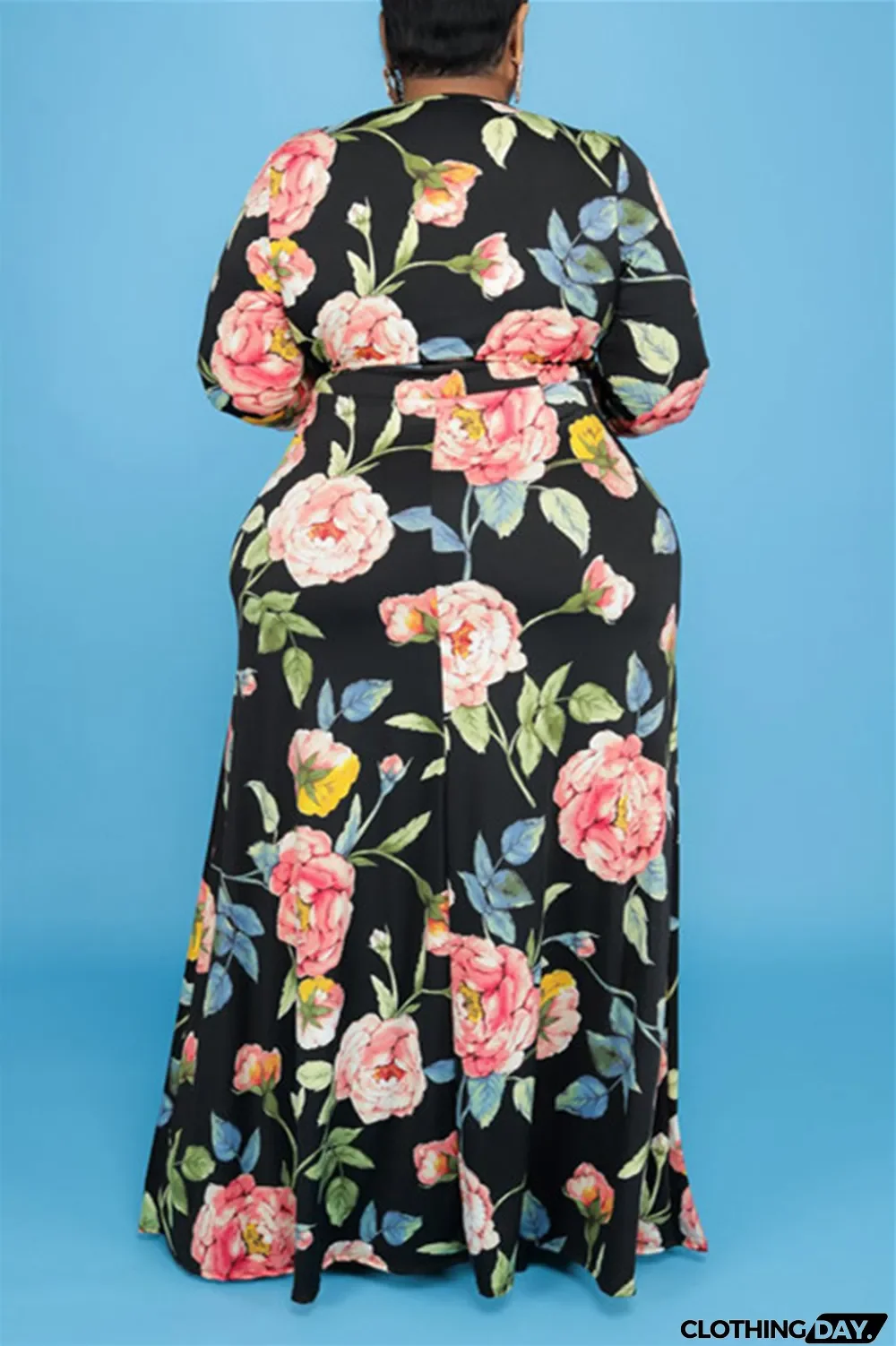 Green Fashion Casual Plus Size Print With Belt V Neck Long Sleeve Dresses