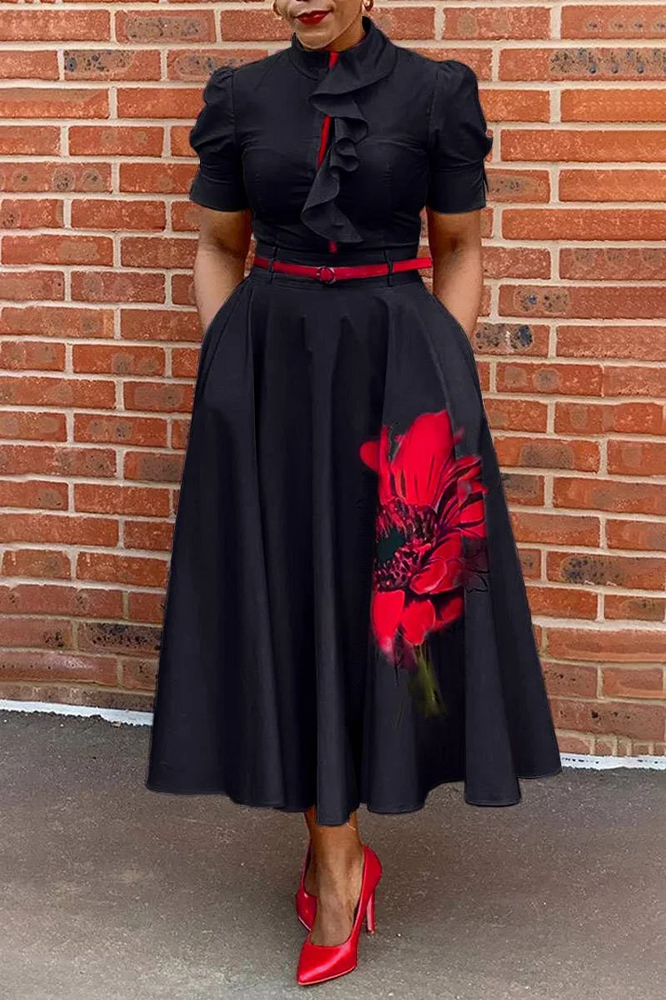 Plus Size Black Daily Ruffled Flower Print Tunic A Line Midi Dress(NO Belt)