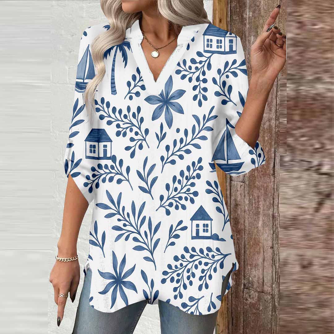 Women Blue, Tropical DZGA0077 3/4 Sleeve V-neck Printed Graphic Button Tops
