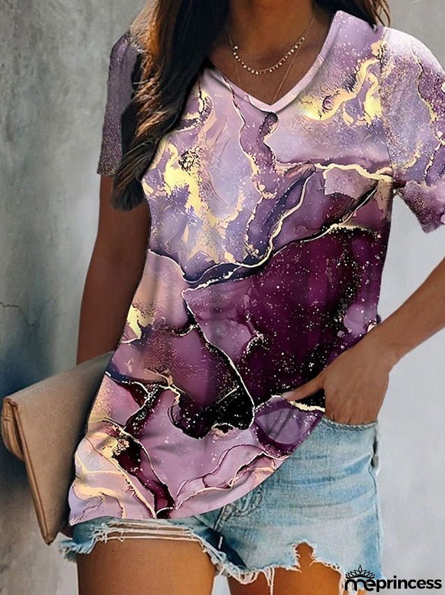 Women's T Shirt Tee Blue Purple Green Graphic Butterfly Print Short Sleeve Daily Weekend Basic V Neck Regular Abstract