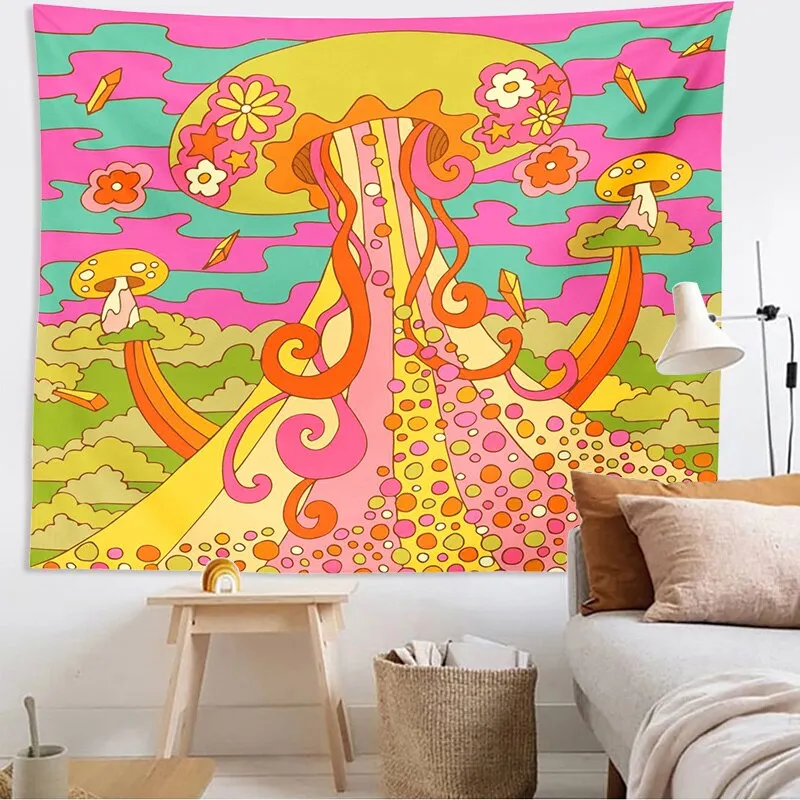 Psychedelic Colorful Mushroom Tapestry Hippie Wall Bedroom Bedside Background Wall Cloth House Renovation Cover Wall Cloth