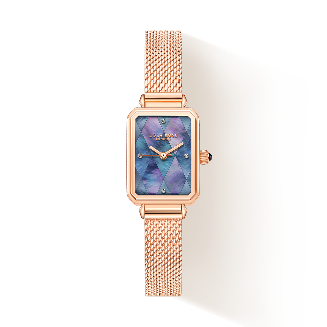 LOLA ROSE Women Watch: Rhombus-pattern Blacklip Mother-of-pearl Watch With Rose Gold Tone Milanese Steel Band