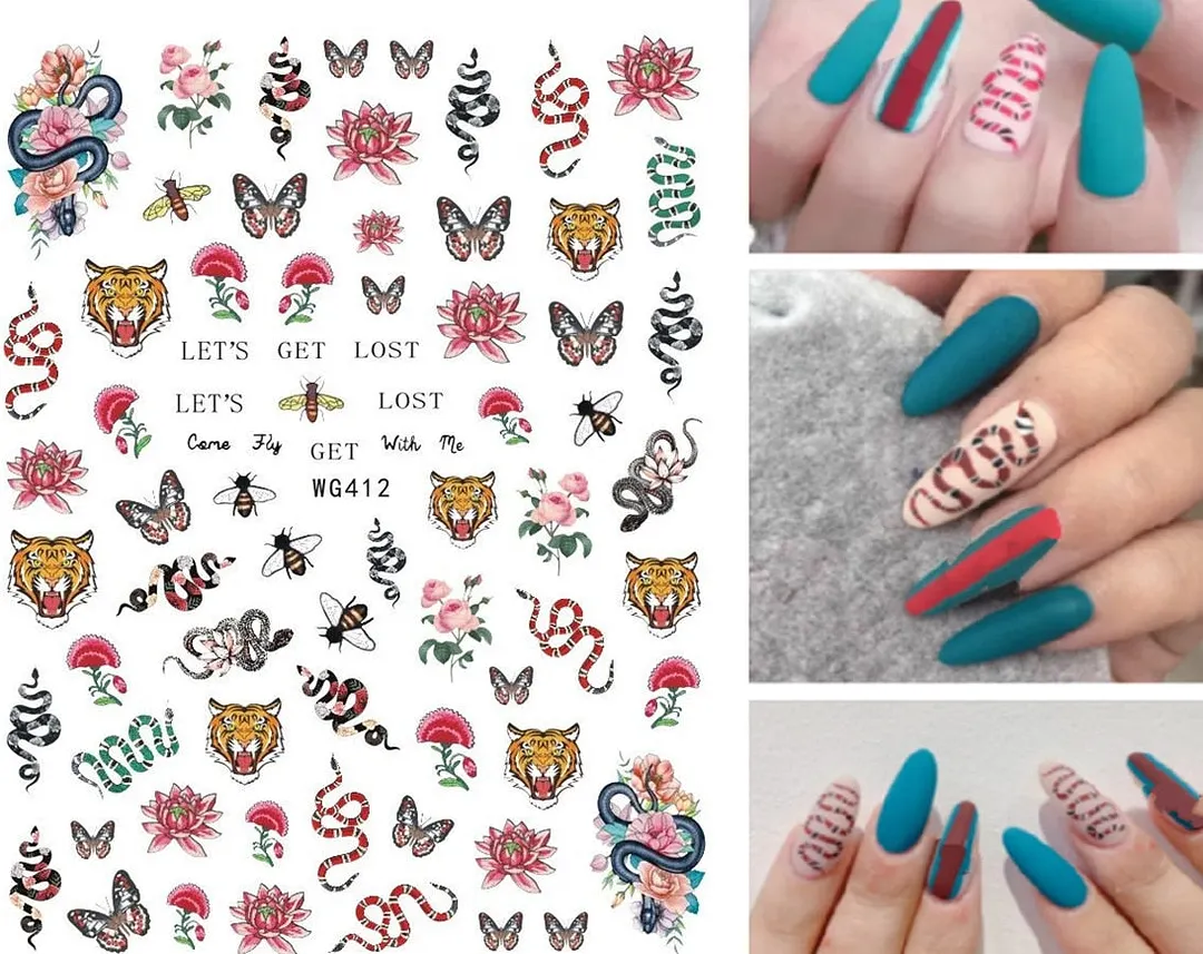 3D Dragon Snake Design Nail Stickers Colorful Dragons Slider Decals Lady Love Nail Art Gel Polish Decal Tattoo Decorations-Nail Inspo