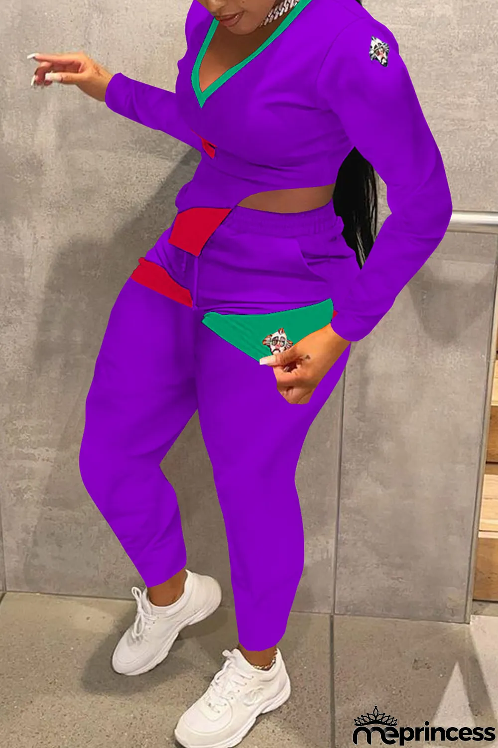 Red Casual Print Split Joint Asymmetrical V Neck Long Sleeve Two Pieces