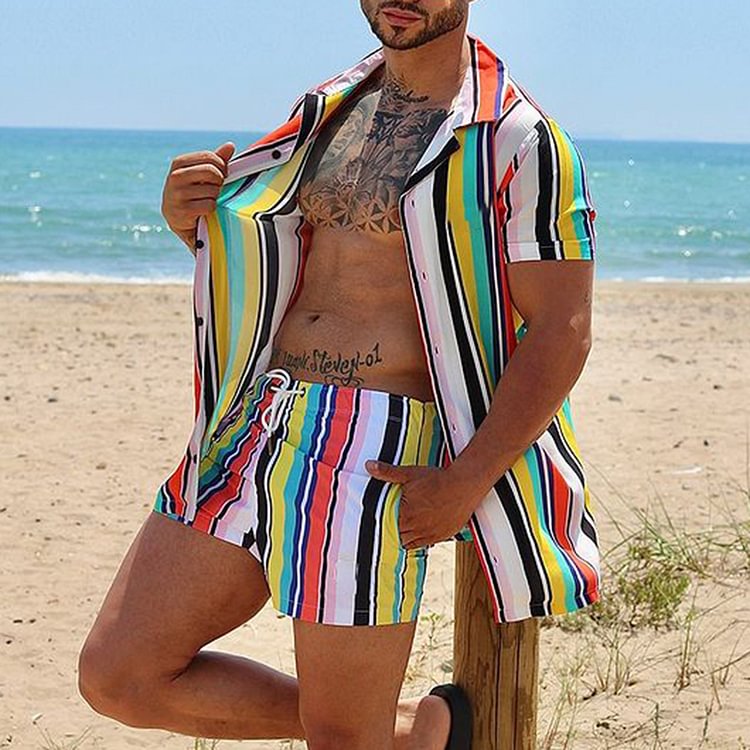 BrosWear Vertical Stripe Contrast Color Casual Print Shirt And Short Co-Ord