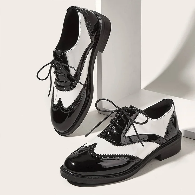 Black & White Lace Up Shoes Women'S Round Toe Patent Loafers Vintage Block Heel Pumps |FSJ Shoes