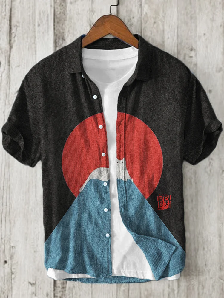 White Cat Snow on Mount Fuji Linen Blend Shirt