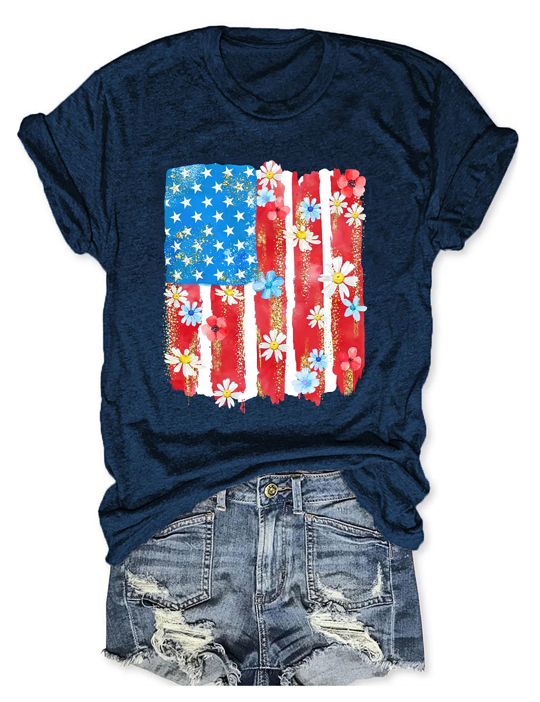 Flower Brushstroke America Flag T-shirt
