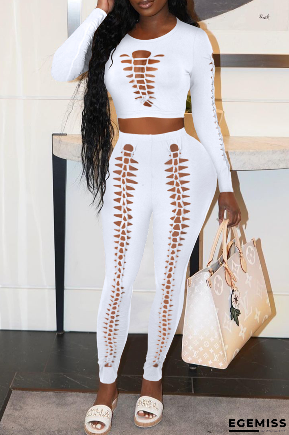 White Sexy Solid Ripped O Neck Long Sleeve Two Pieces | EGEMISS
