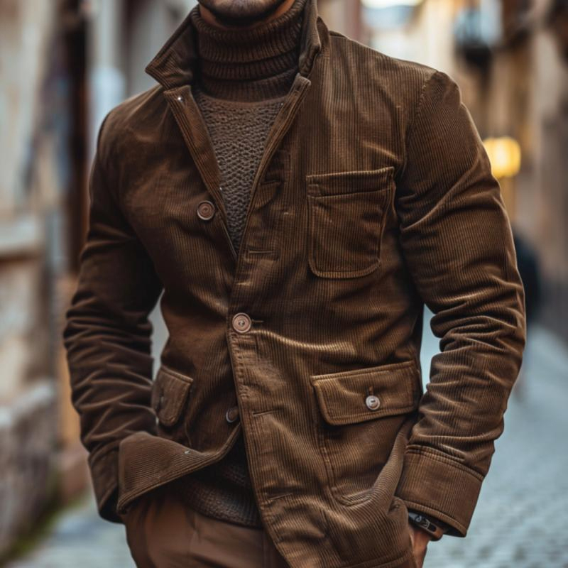 Men's Vintage Notched Lapel Corduroy Single-Breasted Slim Fit Blazer