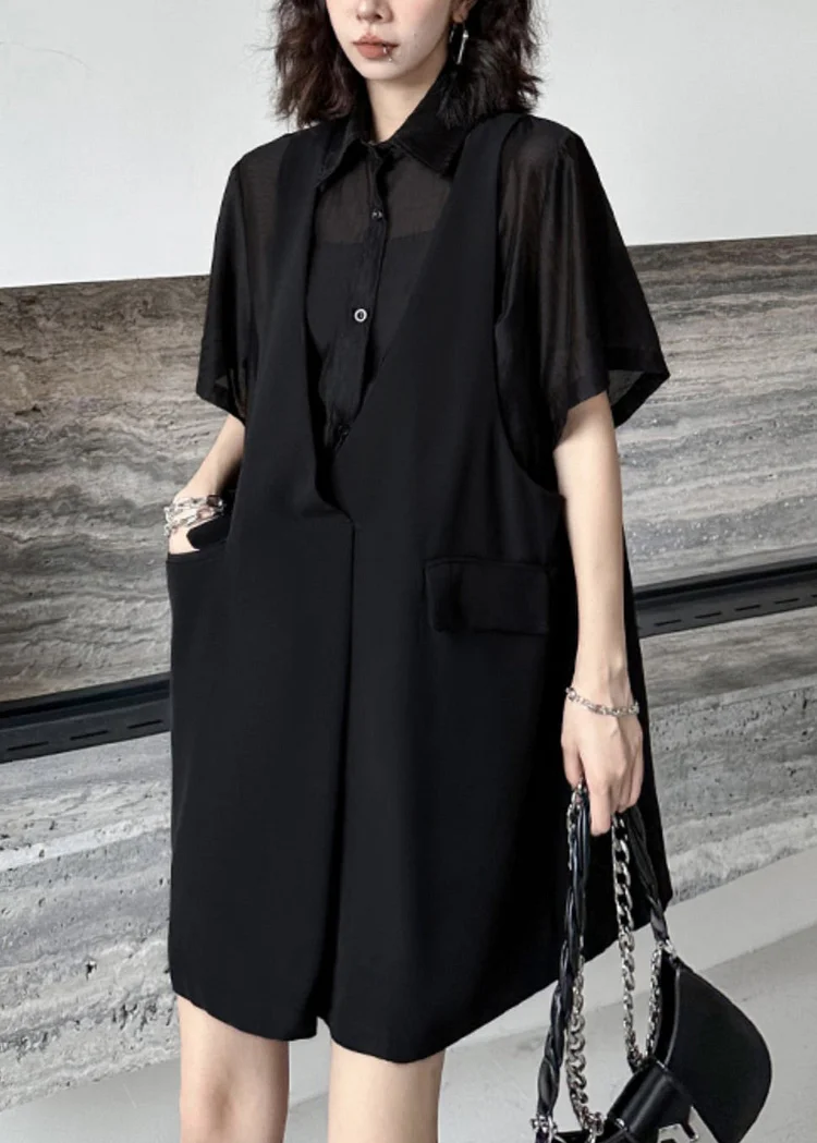 New Black Peter Pan Collar False Two Pieces Patchwork Dresses Summer