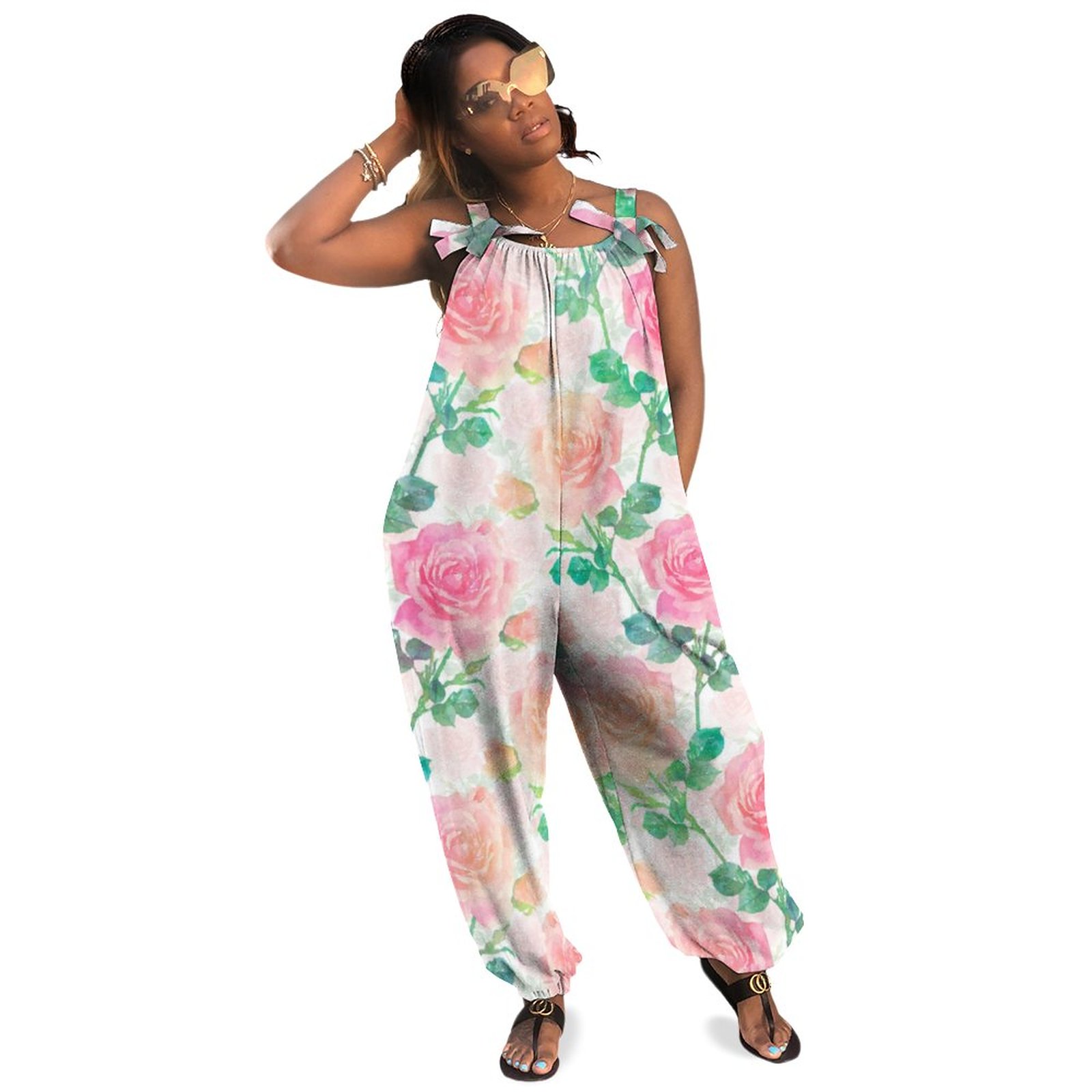 Watercolor Painted Pink Roses Artwork Women Plus Size Jumpsuit Summer Loose Harem Pants Casual Sleeveless Jumpsuit Boho Pockets Polyester Spandex