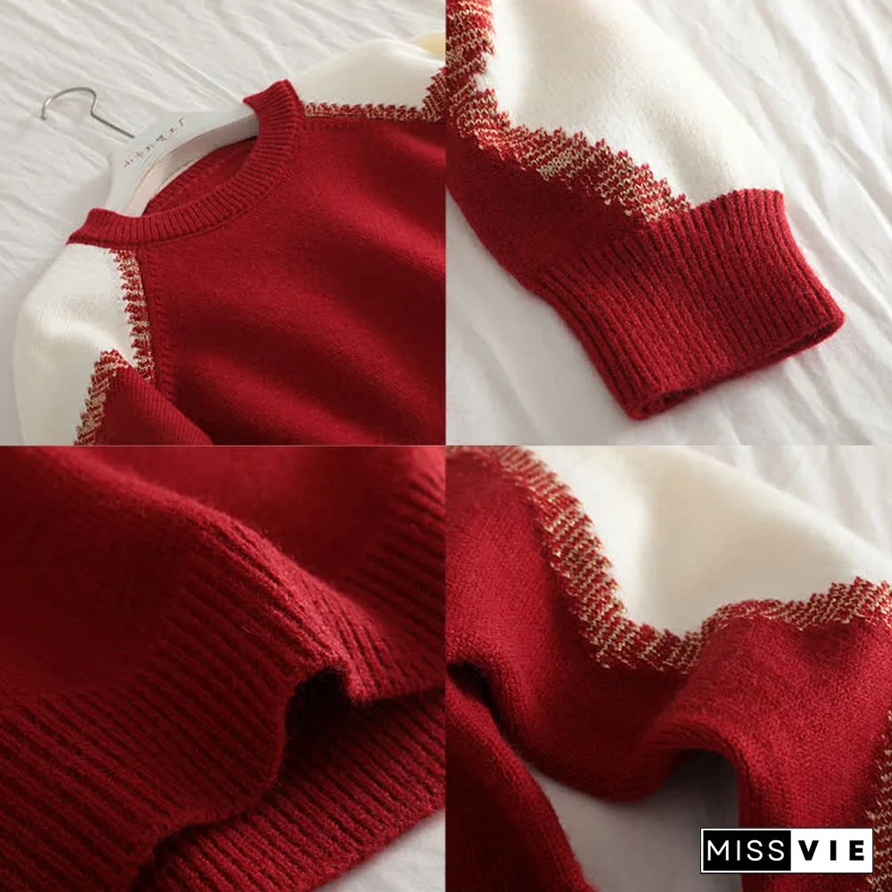 Chic Colorblock Round Collar Knit Loose Sweater