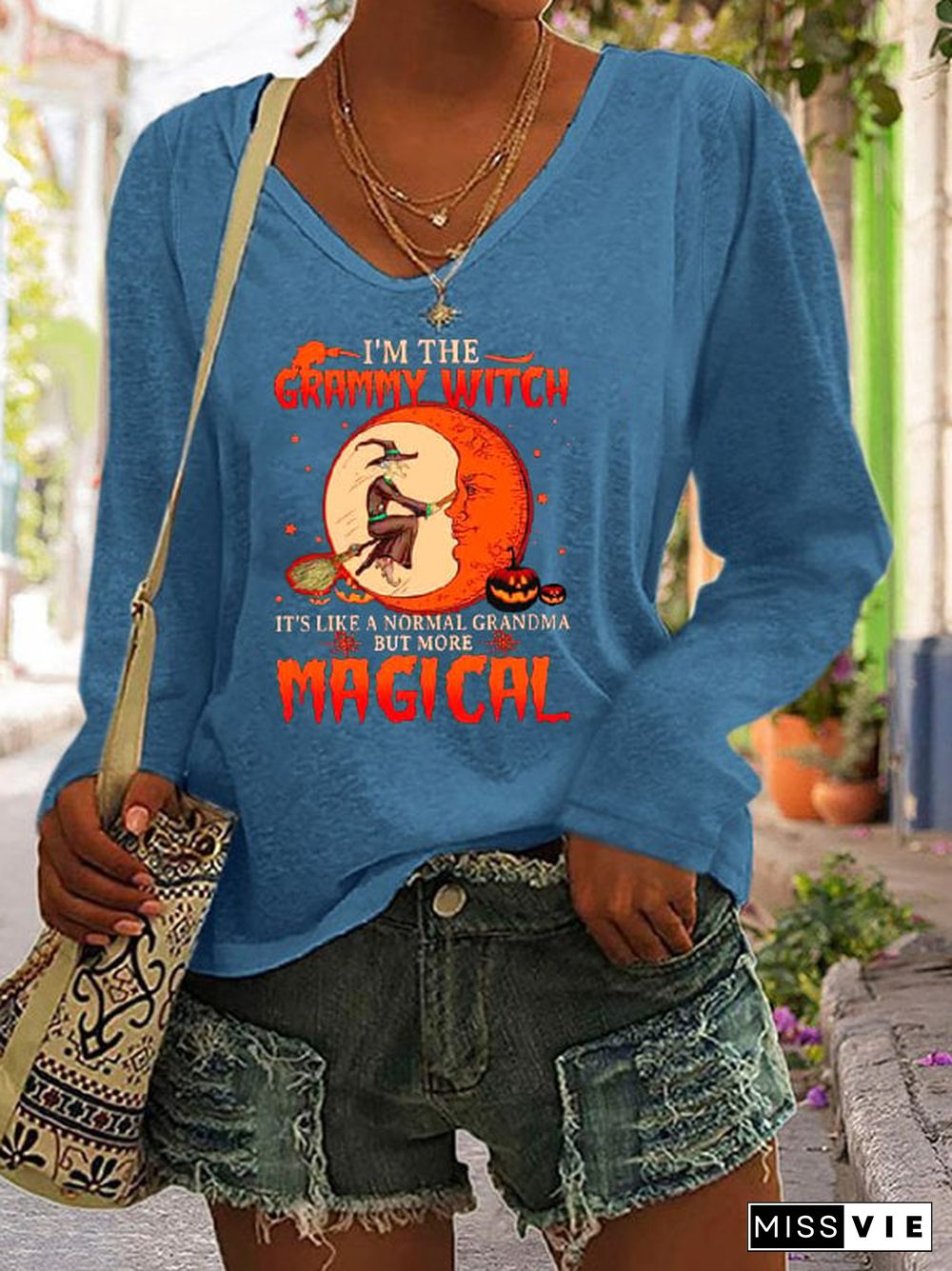 Women's I'm the Grammy Witch Print V-Neck Long Sleeve Top