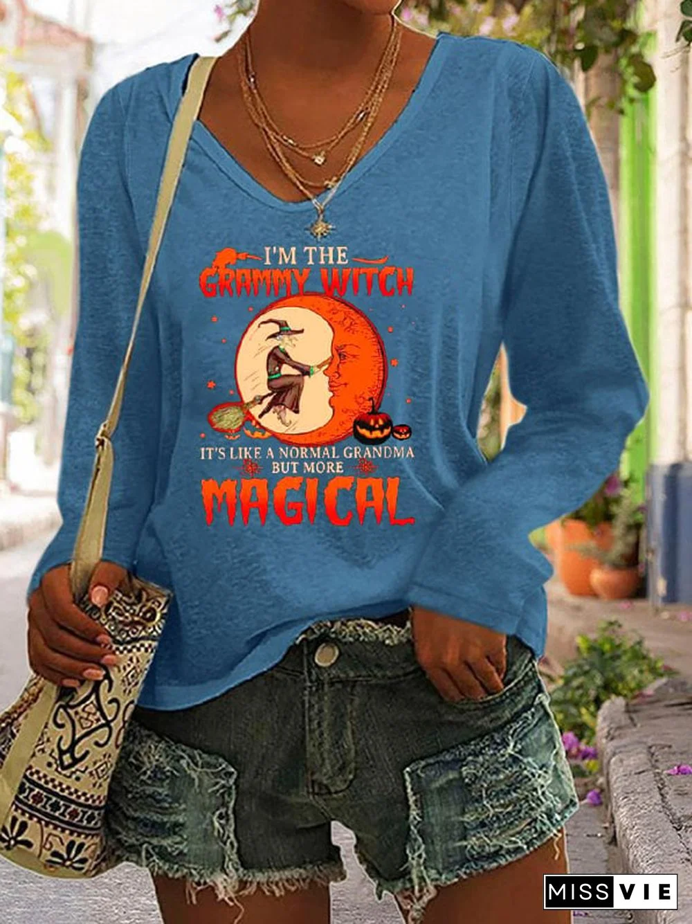 Women's I'm the Grammy Witch Print V-Neck Long Sleeve Top