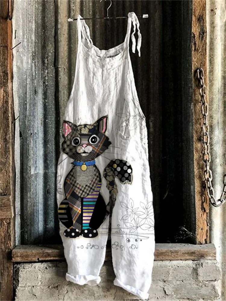 Lovely Cat Fiber Art Loose Fit Jumpsuit