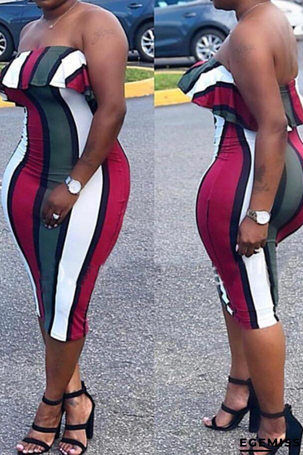 Red Sexy Striped Patchwork Strapless Pencil Skirt Dresses | EGEMISS
