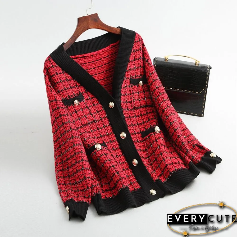 Spring Autumn Vintage Plaid Tweed Knitted Midi Skirt Womens Metal Button Elegant Office